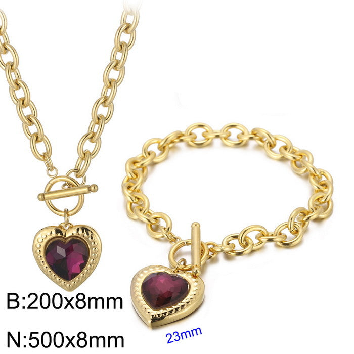 Fashion Heart Shape Stainless Steel Plating Inlay Glass Bracelets Earrings Necklace