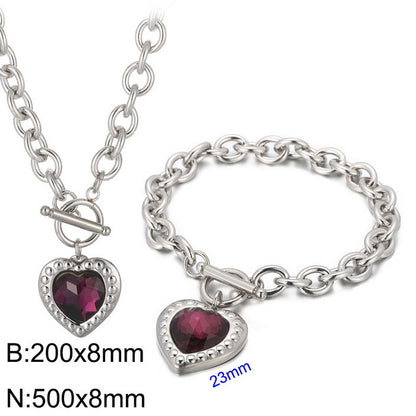 Fashion Heart Shape Stainless Steel Plating Inlay Glass Bracelets Earrings Necklace