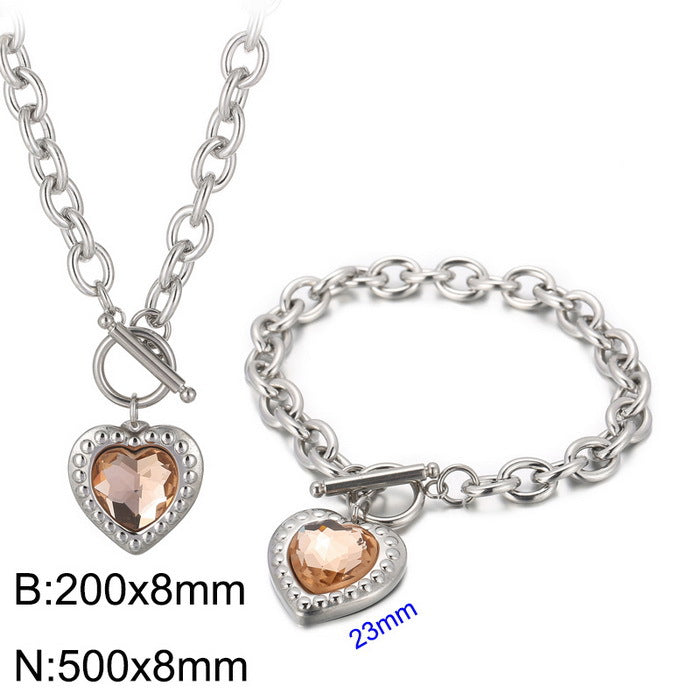 Fashion Heart Shape Stainless Steel Plating Inlay Glass Bracelets Earrings Necklace