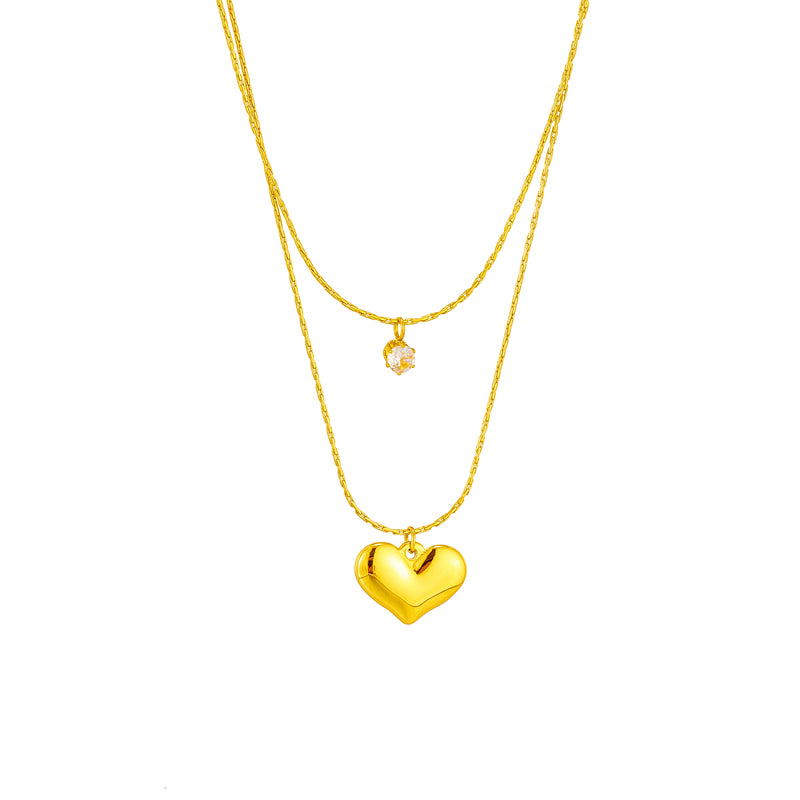 Basic Heart Shape Titanium Steel Gold Plated Rhinestones Layered Necklaces 1 Piece