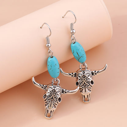 Retro Round Cattle Leopard Alloy Wood Inlay Turquoise Women's Drop Earrings 1 Pair