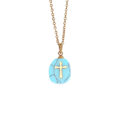 Fashion Cross Stainless Steel Natural Stone Plating Pendant Necklace