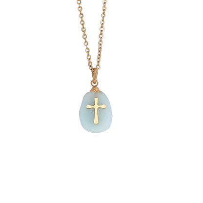 Fashion Cross Stainless Steel Natural Stone Plating Pendant Necklace