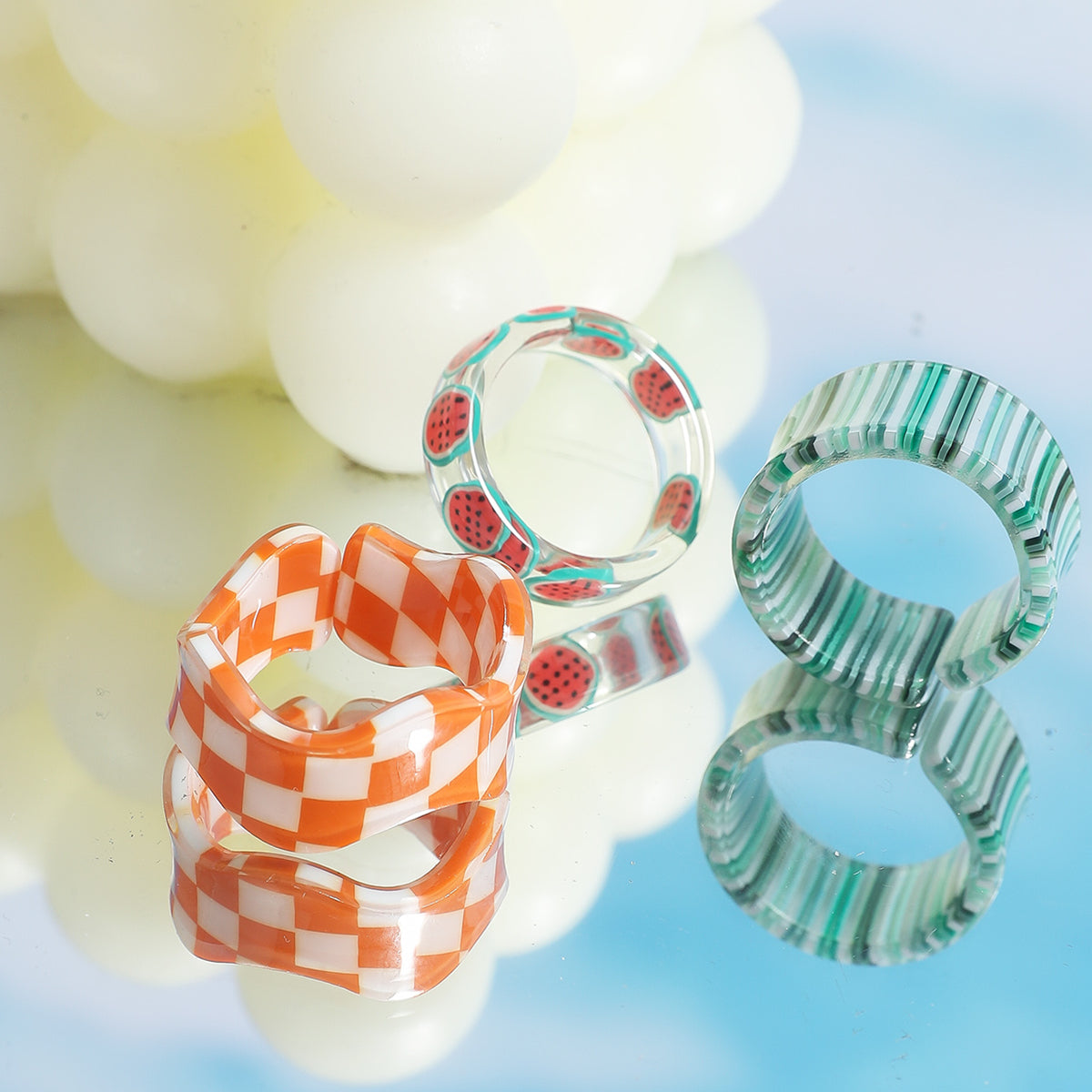 New Checkerboard Resin Ring Three-piece Set Wholesale