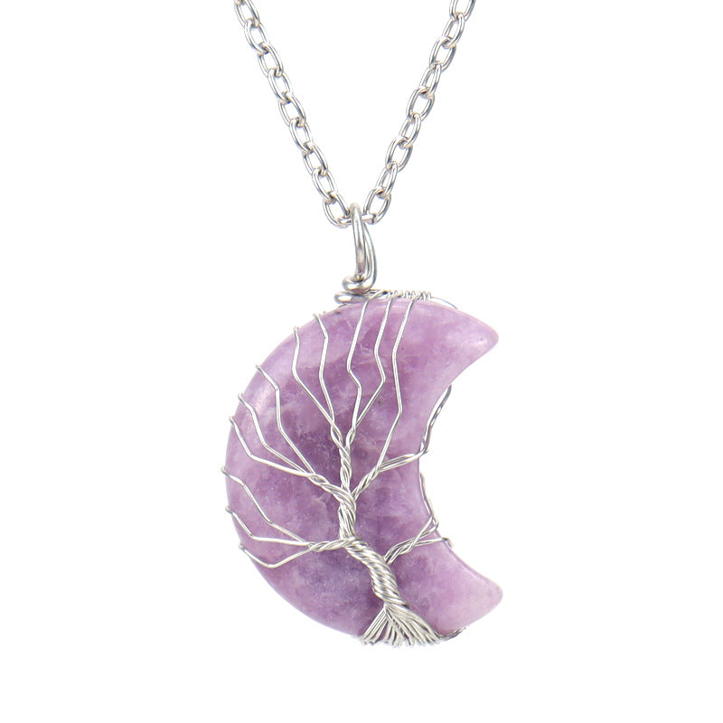 Natural Stone Amethyst Moon Tree Of Life Pendant Necklace Winding Handmade Pachira Macrocarpa Crystal Necklace N571