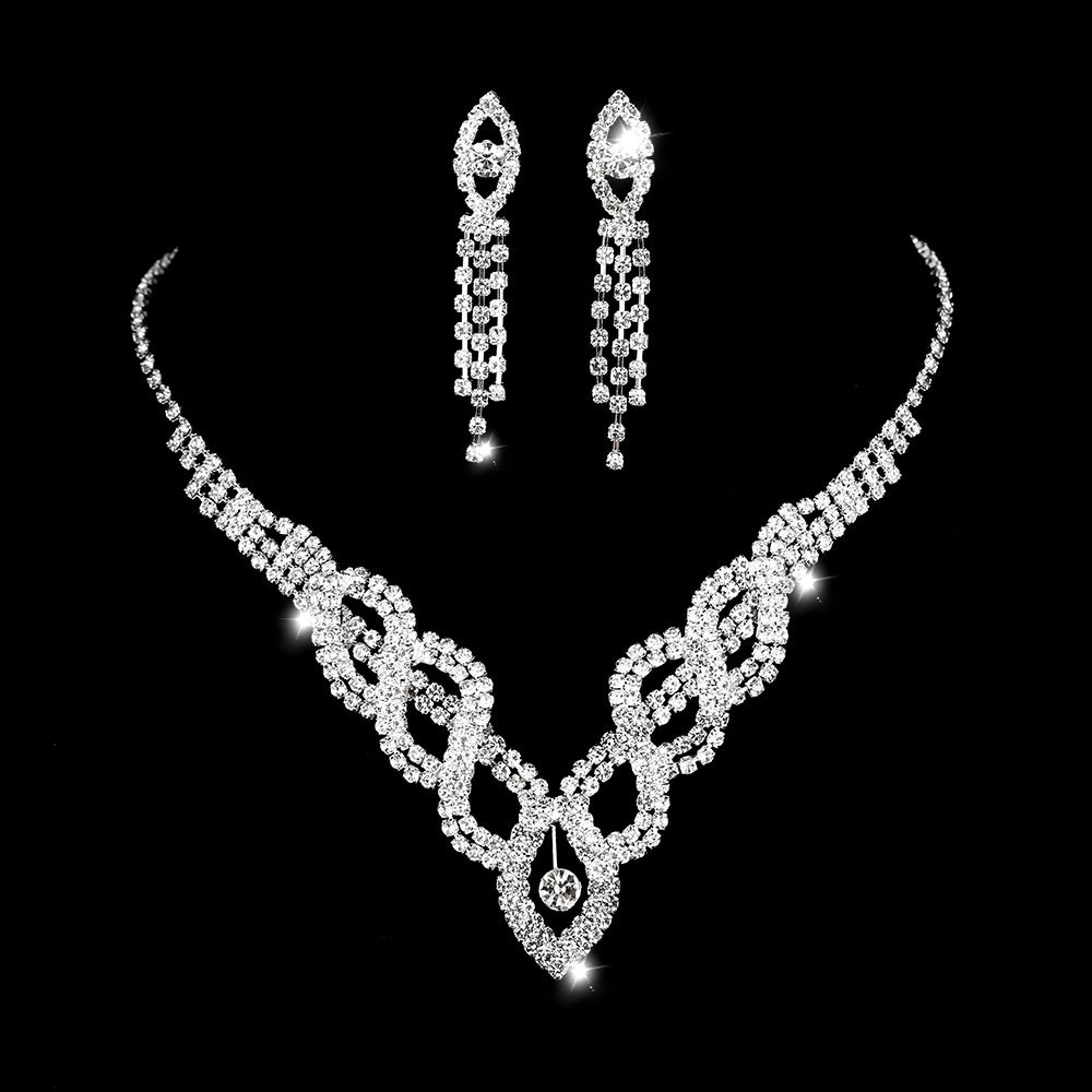 Wedding Dress Bride Hollow Full Diamond Women's Copper Necklace And Earrings Two-piece Set