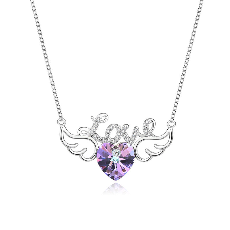 Elegant Letter Heart Shape Wings Austrian Crystal Sterling Silver Inlay Zircon Necklace 1 Piece