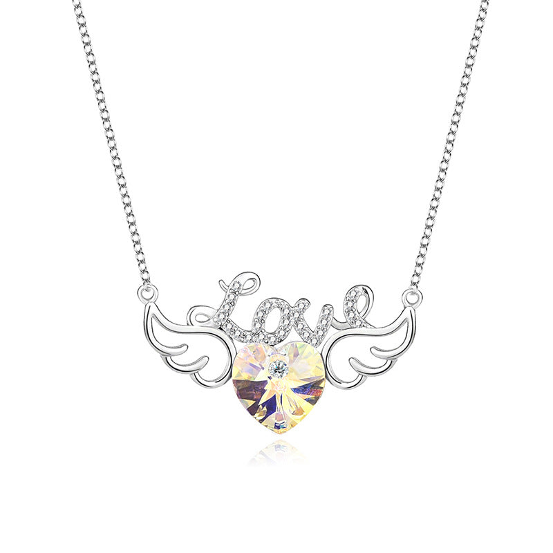 Elegant Letter Heart Shape Wings Austrian Crystal Sterling Silver Inlay Zircon Necklace 1 Piece