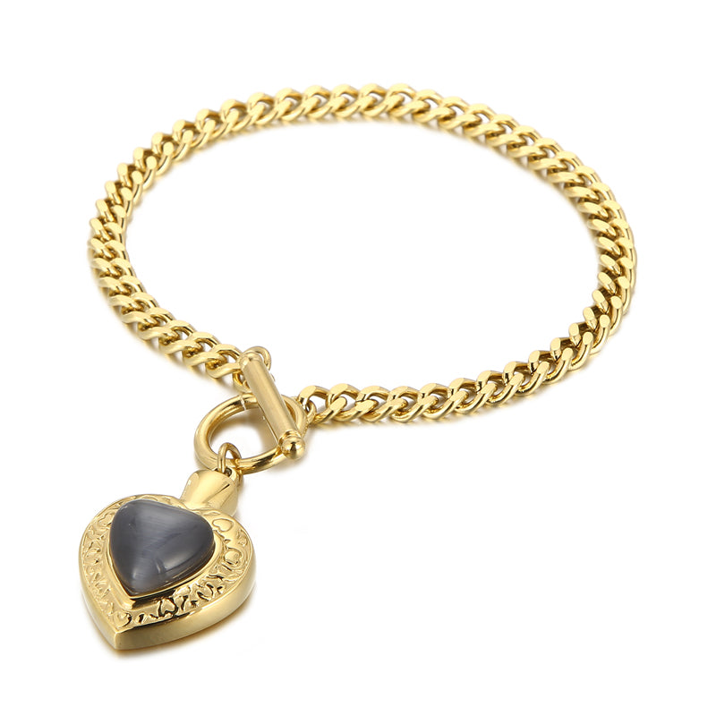 Fashion Heart Shape Stainless Steel Inlay Opal Bracelets Necklace