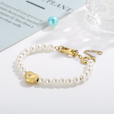 Fashion Heart Shape Stainless Steel Imitation Pearl Synthetic Resin Beaded Plating Inlay Zircon Women's Jewelry Set 2 Pieces