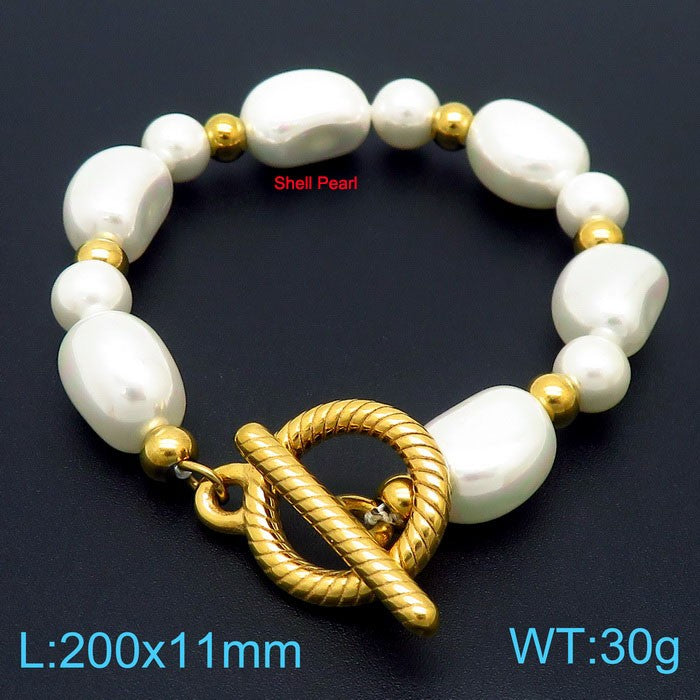 Fashion Heart Shape Stainless Steel Shell Patchwork Pearl Gold Plated Women's Bracelets 1 Piece