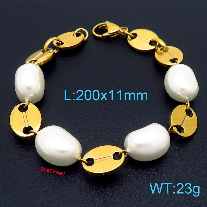 Fashion Heart Shape Stainless Steel Shell Patchwork Pearl Gold Plated Women's Bracelets 1 Piece