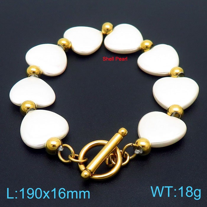 Fashion Heart Shape Stainless Steel Shell Patchwork Pearl Gold Plated Women's Bracelets 1 Piece