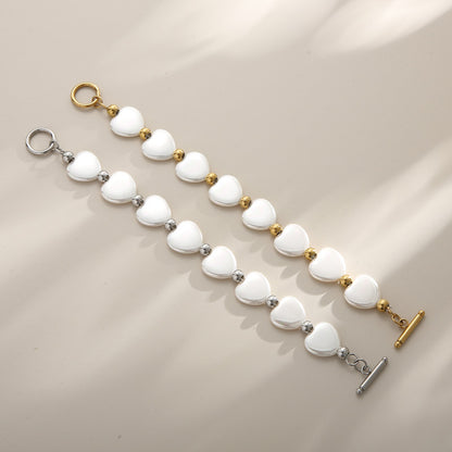 Fashion Heart Shape Stainless Steel Shell Patchwork Pearl Gold Plated Women's Bracelets 1 Piece