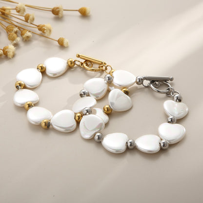 Fashion Heart Shape Stainless Steel Shell Patchwork Pearl Gold Plated Women's Bracelets 1 Piece