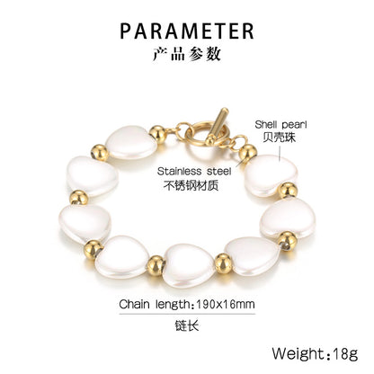 Fashion Heart Shape Stainless Steel Shell Patchwork Pearl Gold Plated Women's Bracelets 1 Piece