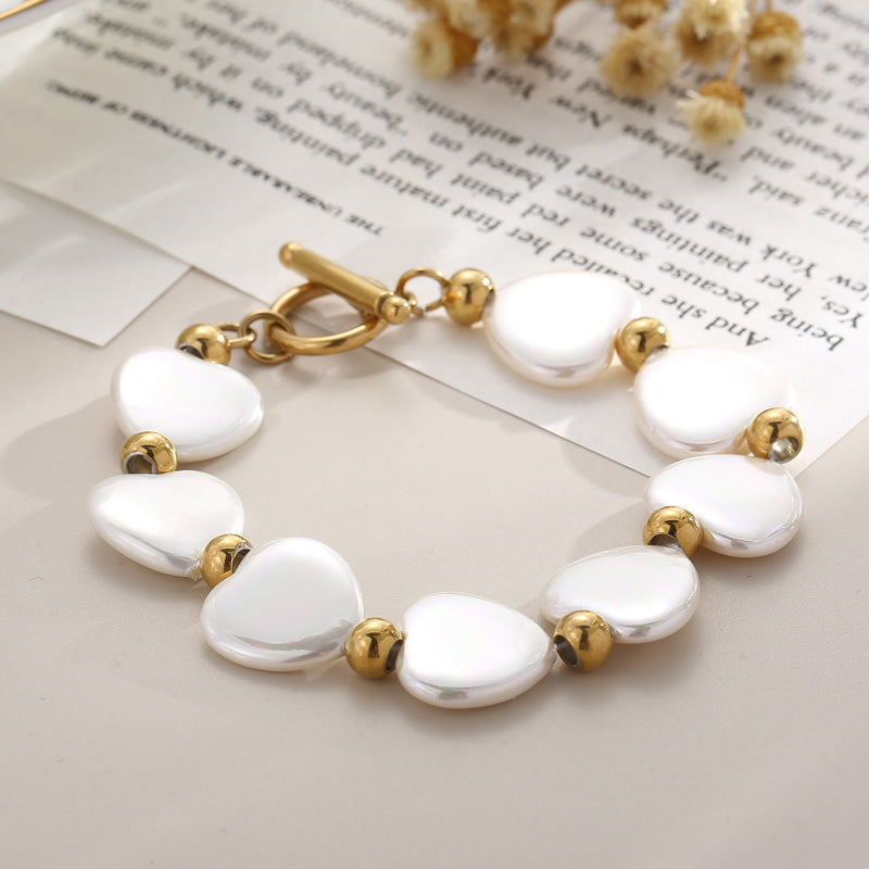 Fashion Heart Shape Stainless Steel Shell Patchwork Pearl Gold Plated Women's Bracelets 1 Piece