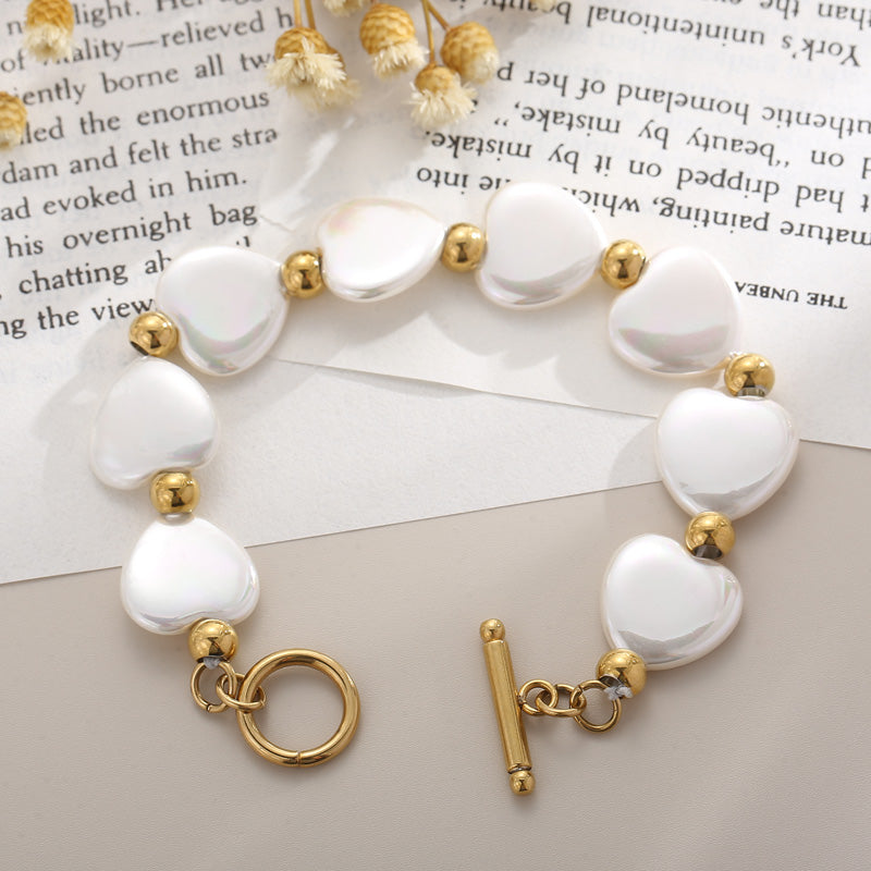 Fashion Heart Shape Stainless Steel Shell Patchwork Pearl Gold Plated Women's Bracelets 1 Piece