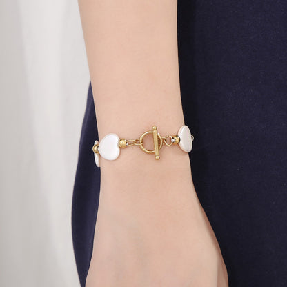 Fashion Heart Shape Stainless Steel Shell Patchwork Pearl Gold Plated Women's Bracelets 1 Piece