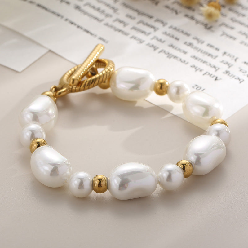 Fashion Heart Shape Stainless Steel Shell Patchwork Pearl Gold Plated Women's Bracelets 1 Piece