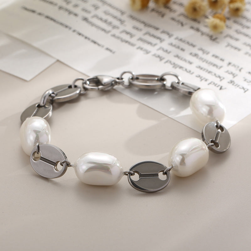 Fashion Heart Shape Stainless Steel Shell Patchwork Pearl Gold Plated Women's Bracelets 1 Piece