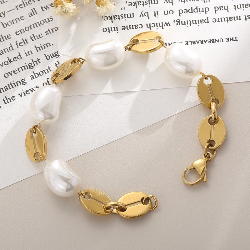 Fashion Heart Shape Stainless Steel Shell Patchwork Pearl Gold Plated Women's Bracelets 1 Piece