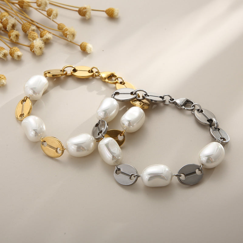 Fashion Heart Shape Stainless Steel Shell Patchwork Pearl Gold Plated Women's Bracelets 1 Piece