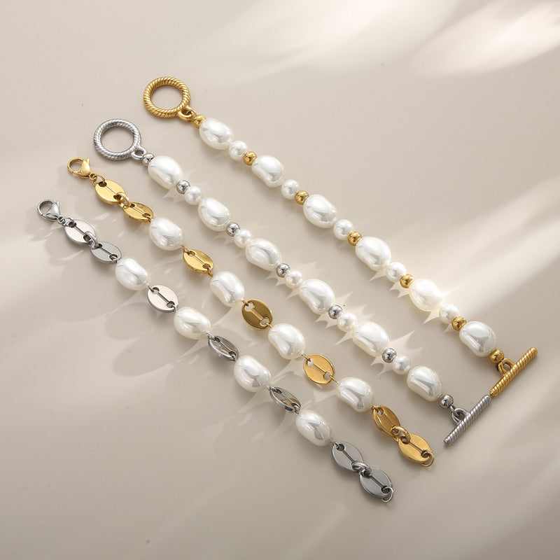 Fashion Heart Shape Stainless Steel Shell Patchwork Pearl Gold Plated Women's Bracelets 1 Piece