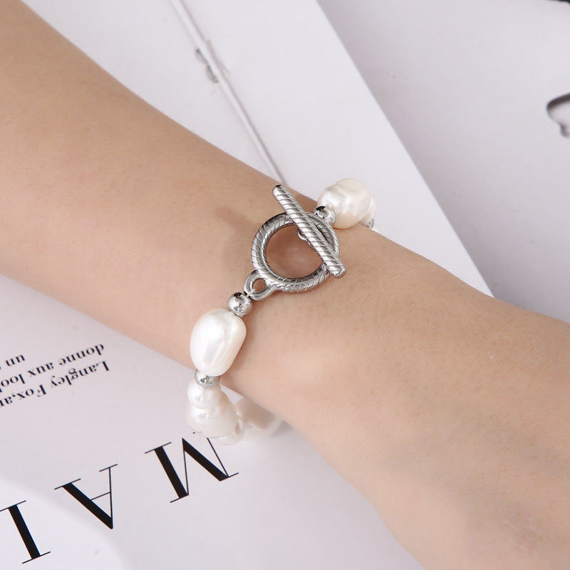Fashion Heart Shape Stainless Steel Shell Patchwork Pearl Gold Plated Women's Bracelets 1 Piece