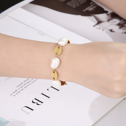 Fashion Heart Shape Stainless Steel Shell Patchwork Pearl Gold Plated Women's Bracelets 1 Piece