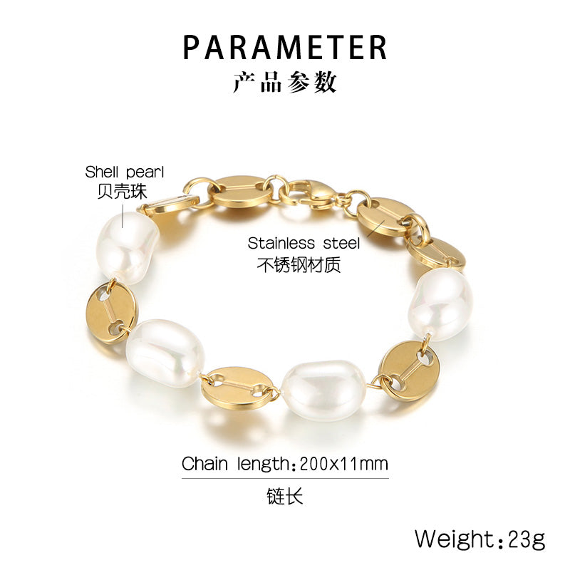 Fashion Heart Shape Stainless Steel Shell Patchwork Pearl Gold Plated Women's Bracelets 1 Piece