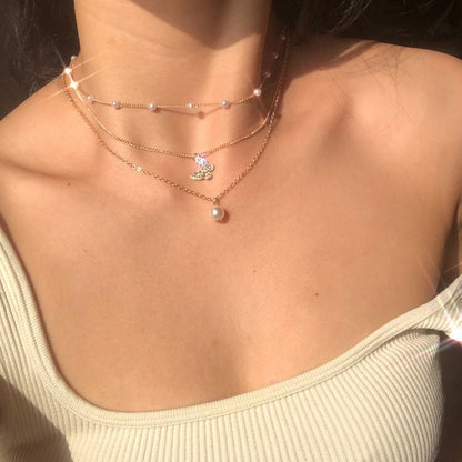 Fashion Butterfly Alloy Inlay Artificial Pearls Rhinestones Women's Clavicle Chain Layered Necklaces 1 Piece