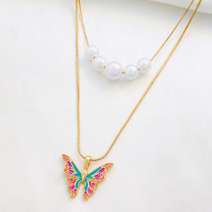 Fashion Butterfly Alloy Enamel Plating Artificial Pearls Women's Layered Necklaces 1 Piece