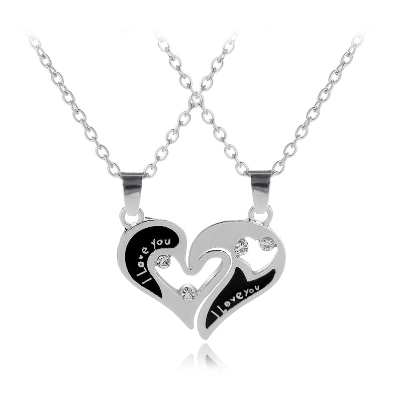 Fashion Heart Shape Alloy Spray Paint Polishing Inlay Zircon Unisex Pendant Necklace 1 Set