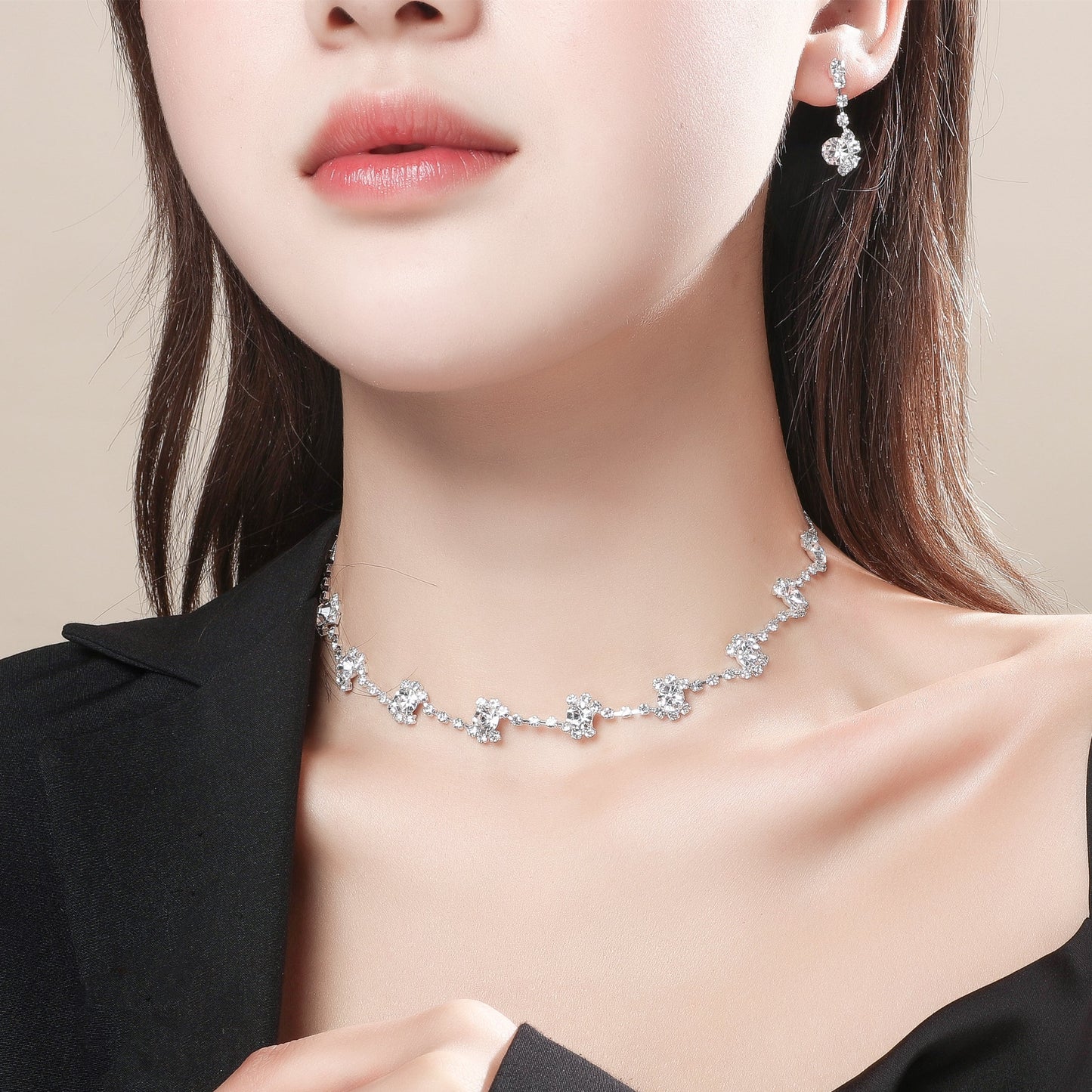 Wholesale Korean Copper Crystal Necklace Earring Two-piece Set Nihaojewelry