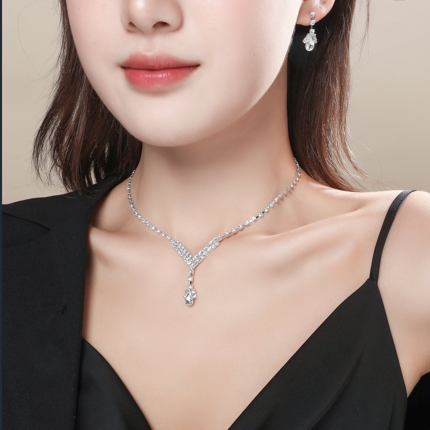 Wholesale Korean Copper Crystal Necklace Earring Two-piece Set Nihaojewelry