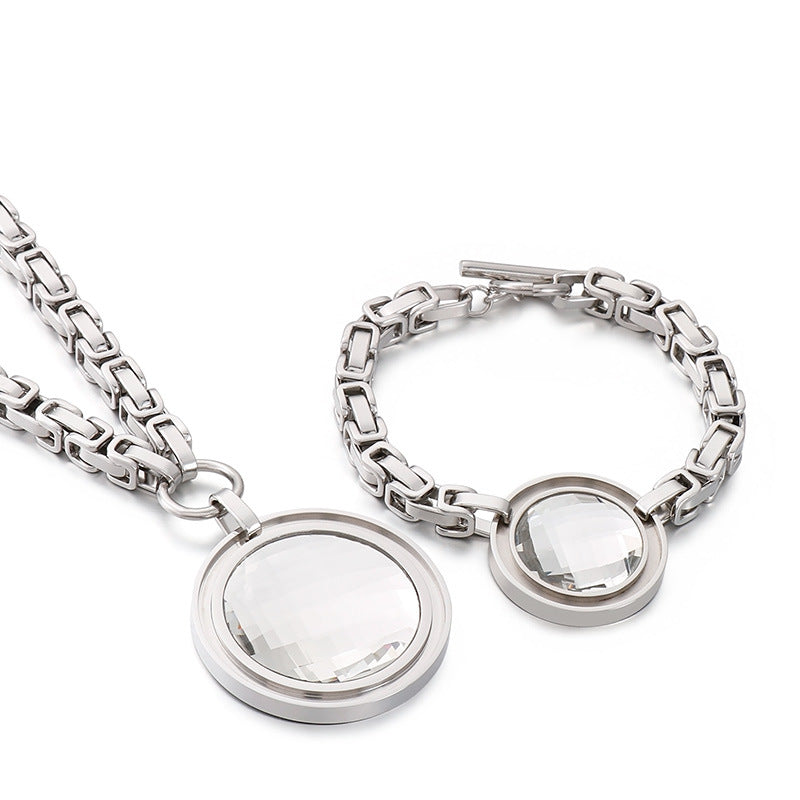 Fashion New Stainless Steel Single-piece Chain Round Multi-color Glass Stone Female Bracelet And Necklace Set