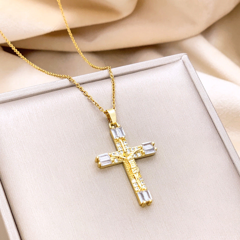 Bohemian Cross Titanium Steel Plating Zircon Pendant Necklace 1 Piece