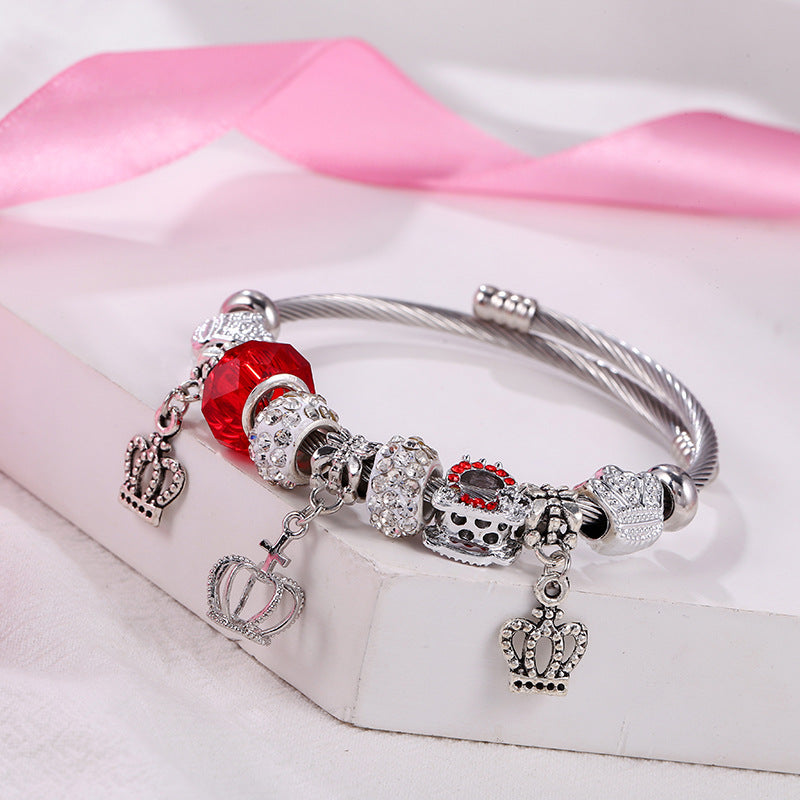 Retro Crown Alloy Soft Clay Titanium Steel Inlay Rhinestones Couple Bangle