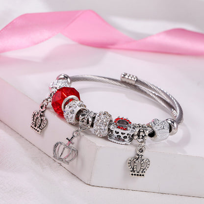 Retro Crown Alloy Soft Clay Titanium Steel Inlay Rhinestones Couple Bangle