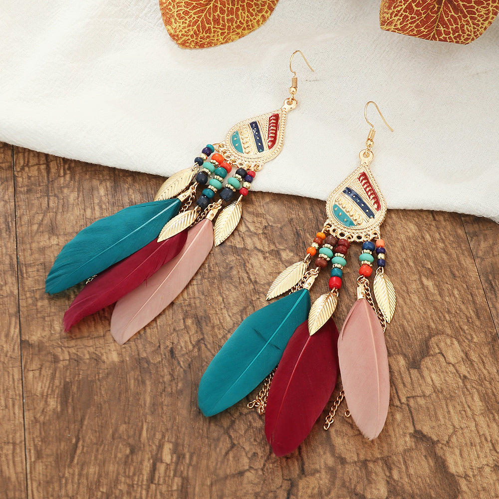 Vintage Style Feather Feather Metal Beaded Women's Drop Earrings 1 Pair