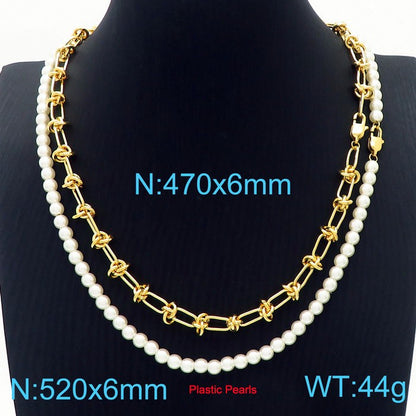 Hip-hop Geometric Stainless Steel Beaded Artificial Pearls Layered Necklaces 2 Pieces