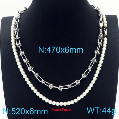 Hip-hop Geometric Stainless Steel Beaded Artificial Pearls Layered Necklaces 2 Pieces