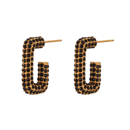 European And American Ins Affordable Luxury Fashion Full Zirconium Open Rectangular Earrings Minority Simple Stainless Steel Zircon Snake Ear Clip Earrings