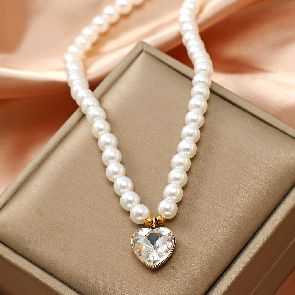 Vintage Style Heart Shape Stainless Steel Arylic Artificial Pearl Beaded Women's Pendant Necklace 1 Piece