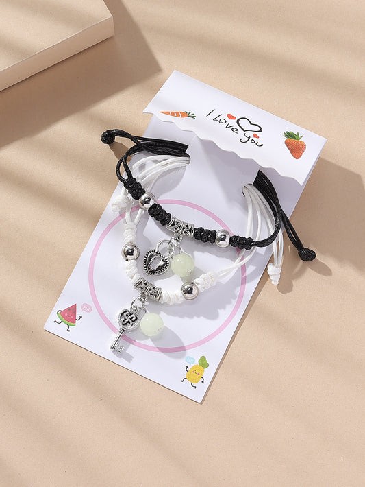 Retro Key Lock Alloy Rope Inlay Beads Couple Bracelets 1 Set