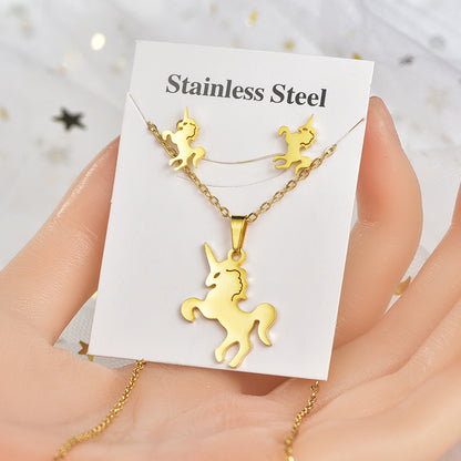 Fashion Heart Shape Unicorn Dragonfly Stainless Steel Alloy Plating Women's Earrings Necklace 1 Set