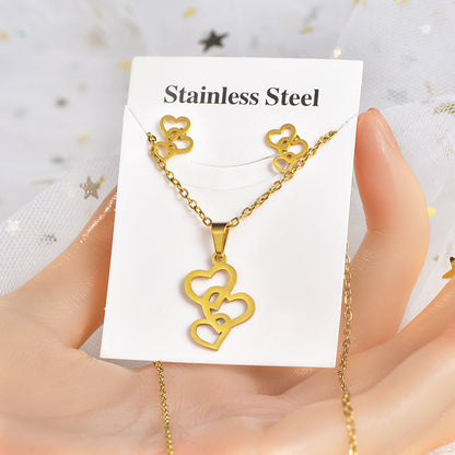 Fashion Star Heart Shape Crown Stainless Steel Inlaid Gold Women's Earrings Necklace 1 Set