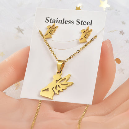 Simple Style Heart Shape Owl Butterfly Titanium Steel Women's Earrings Necklace 1 Set