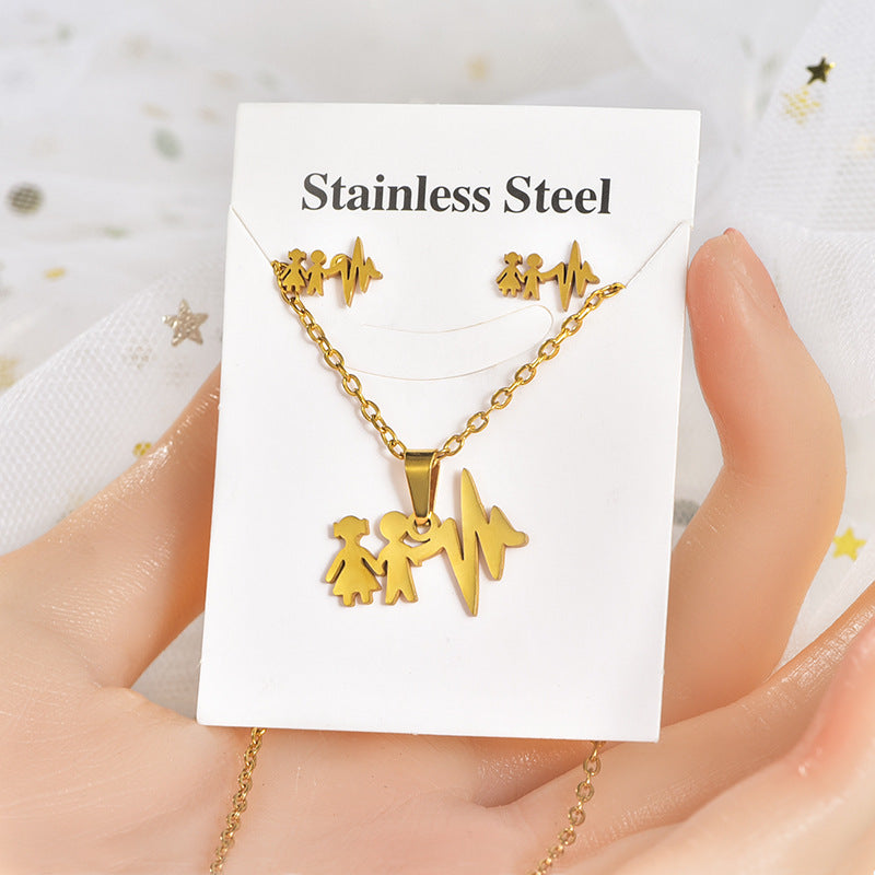 Fashion Star Heart Shape Crown Stainless Steel Inlaid Gold Women's Earrings Necklace 1 Set